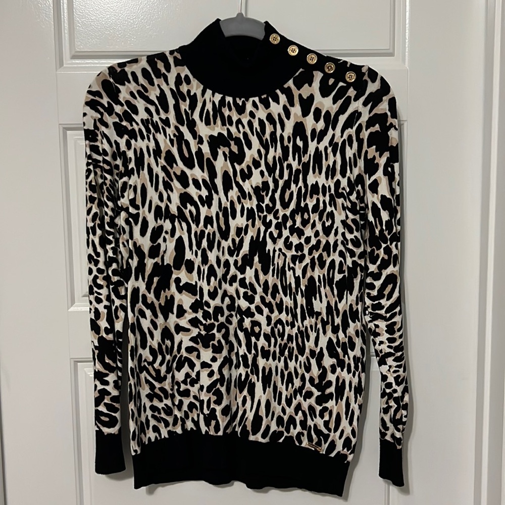 Calvin Klein Turtleneck Leopard Sweater with Gold buttons